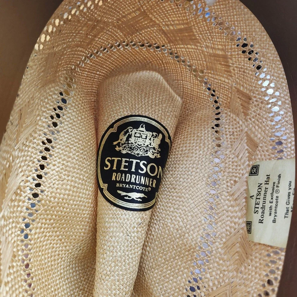 Stetson Roadrunner Vintage Straw Cowboy Hat Feather Band Bryantcote Finish Sz7